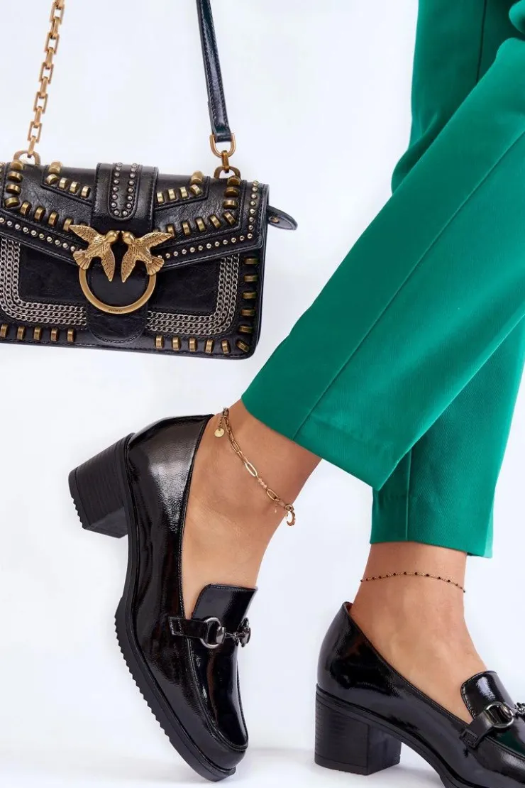 Damskie Buty damskie Vinceza Skórzane Czółenka Na Słupku Z Ozdobą Czarne Semila