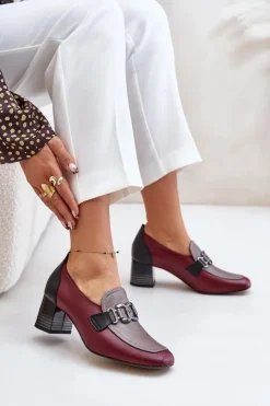 Damskie Laura Messi Skórzane Czółenka Na Słupku Ze Złotą Ozdobą 2861 Bordowe