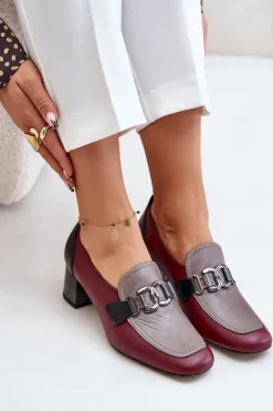 Damskie Laura Messi Skórzane Czółenka Na Słupku Ze Złotą Ozdobą 2861 Bordowe