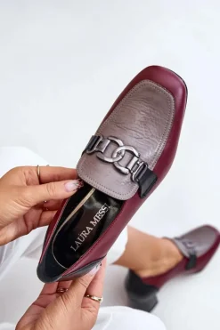 Damskie Laura Messi Skórzane Czółenka Na Słupku Ze Złotą Ozdobą 2861 Bordowe