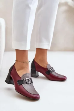 Damskie Laura Messi Skórzane Czółenka Na Słupku Ze Złotą Ozdobą 2861 Bordowe