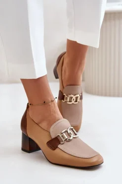Discount Laura Messi Skórzane Czółenka Na Słupku Ze Złotą Ozdobą 2861 Brązowe