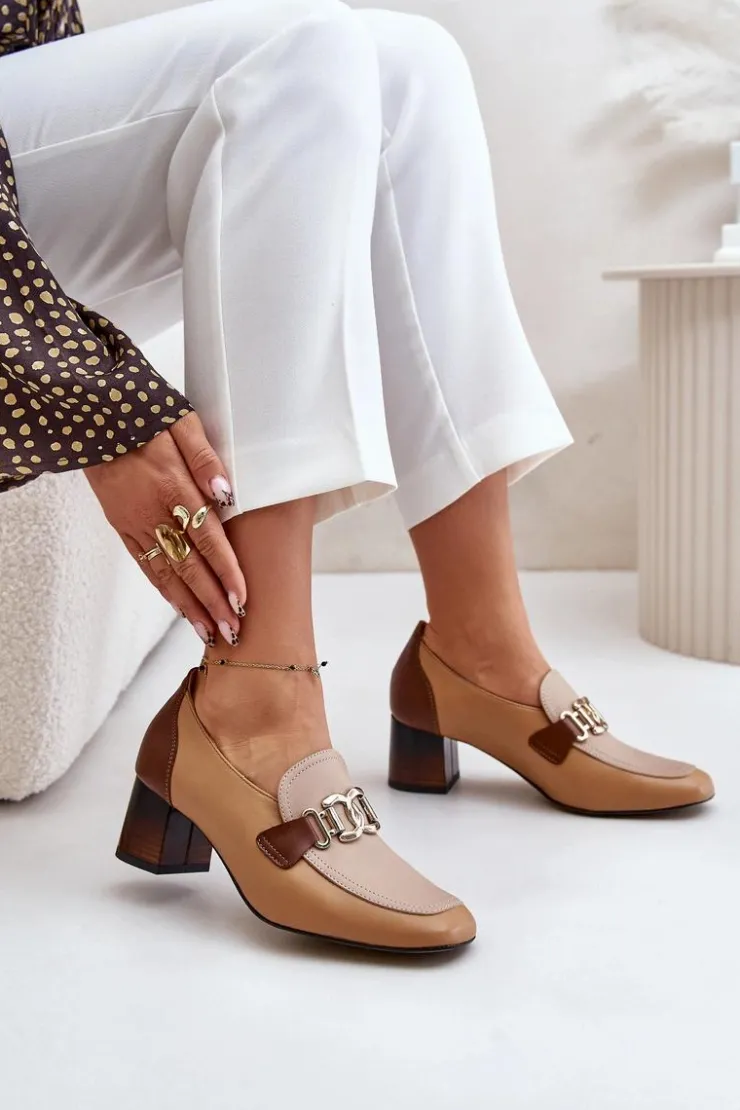 Discount Laura Messi Skórzane Czółenka Na Słupku Ze Złotą Ozdobą 2861 Brązowe