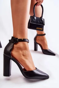 Boto Czółenka Na Słupku|Czółenka Klasyczne*Skórzane Czółenka Na Wysokim Słupku Czarne Salira