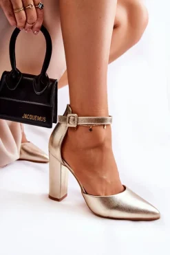 Clearance Boto Skórzane Czółenka Na Wysokim Słupku Złote Salira