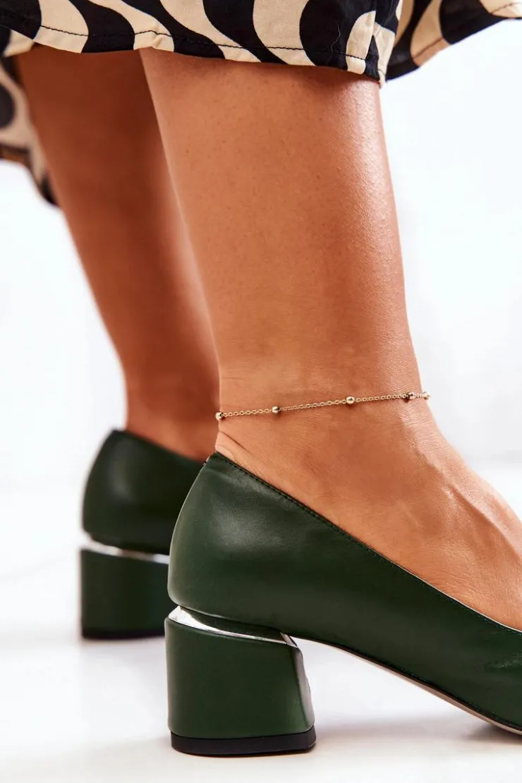Damskie Boto Skórzane Czółenka Nosek W Szpic Zielone Marilyn