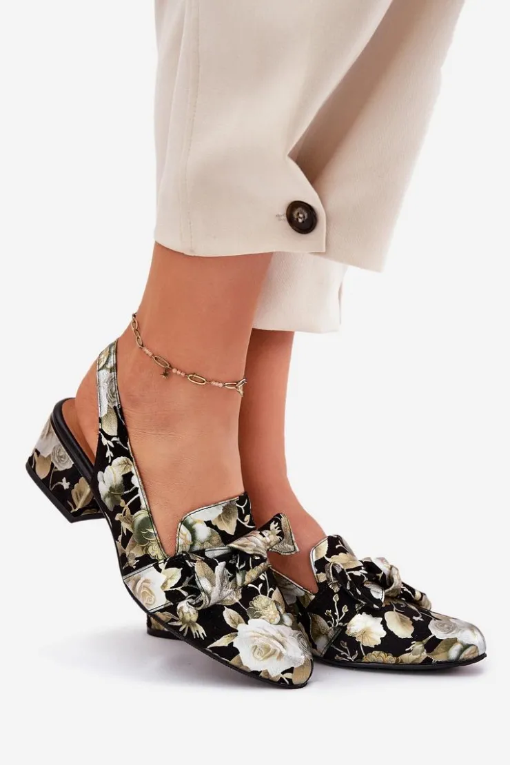 Damskie Maciejka Skórzane Czółenka W Kwiaty Z Kokardą N6539-44 Czarne
