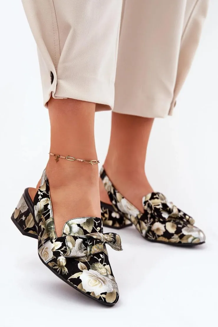 Damskie Maciejka Skórzane Czółenka W Kwiaty Z Kokardą N6539-44 Czarne