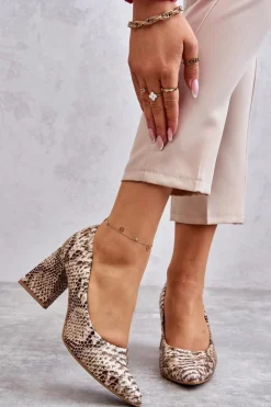 Hot Boto Skórzane Czółenka W Wężowy Wzór Lewski Shoes 3277 Beżowo-Złote