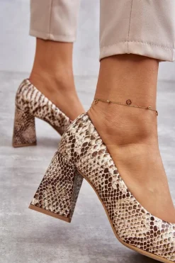 Hot Boto Skórzane Czółenka W Wężowy Wzór Lewski Shoes 3277 Beżowo-Złote
