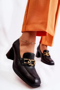 Damskie Laura Messi Skórzane Czółenka Z Łańcuchem 2515 Czarne