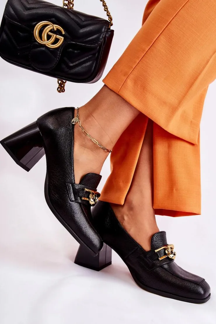 Damskie Laura Messi Skórzane Czółenka Z Łańcuchem 2515 Czarne