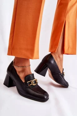 Damskie Laura Messi Skórzane Czółenka Z Łańcuchem 2515 Czarne