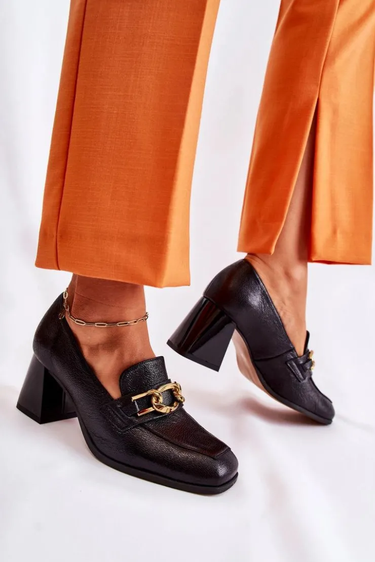 Damskie Laura Messi Skórzane Czółenka Z Łańcuchem 2515 Czarne