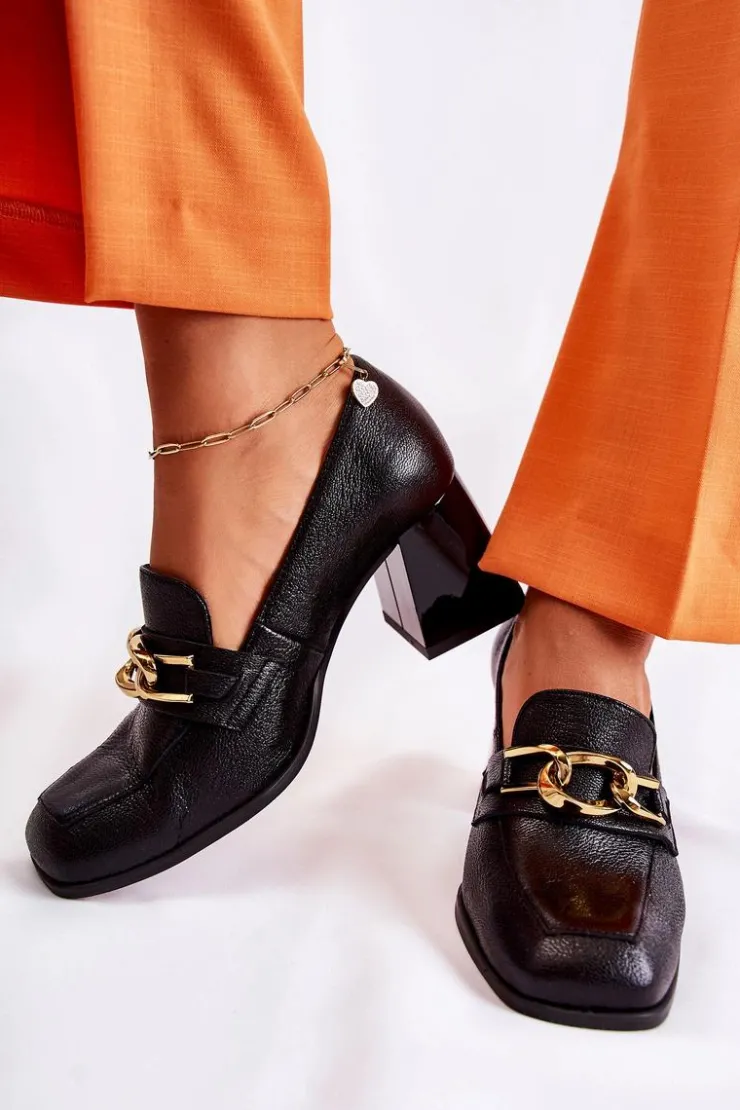 Damskie Laura Messi Skórzane Czółenka Z Łańcuchem 2515 Czarne