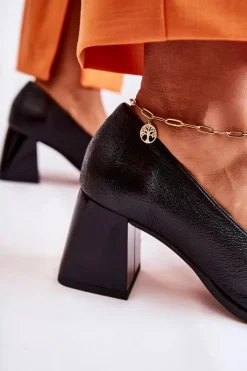 Damskie Laura Messi Skórzane Czółenka Z Łańcuchem 2515 Czarne