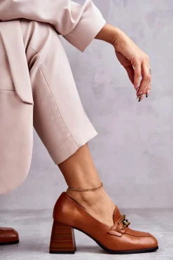 Damskie Laura Messi Skórzane Czółenka Z Łańcuchem 2514 Camel