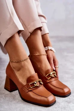 Damskie Laura Messi Skórzane Czółenka Z Łańcuchem 2514 Camel