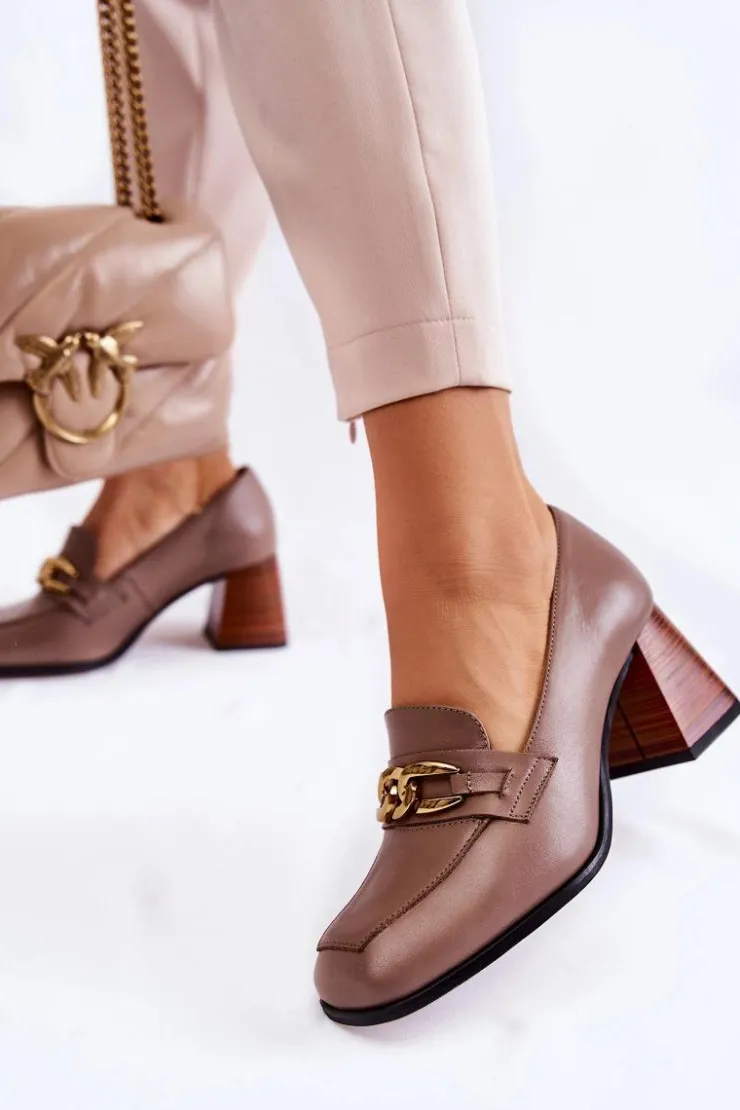 Laura Messi Skórzane Czółenka Z Łańcuchem 2514 Beżowe