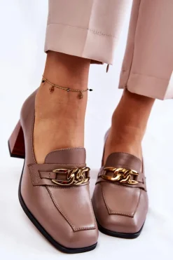 Laura Messi Skórzane Czółenka Z Łańcuchem 2514 Beżowe