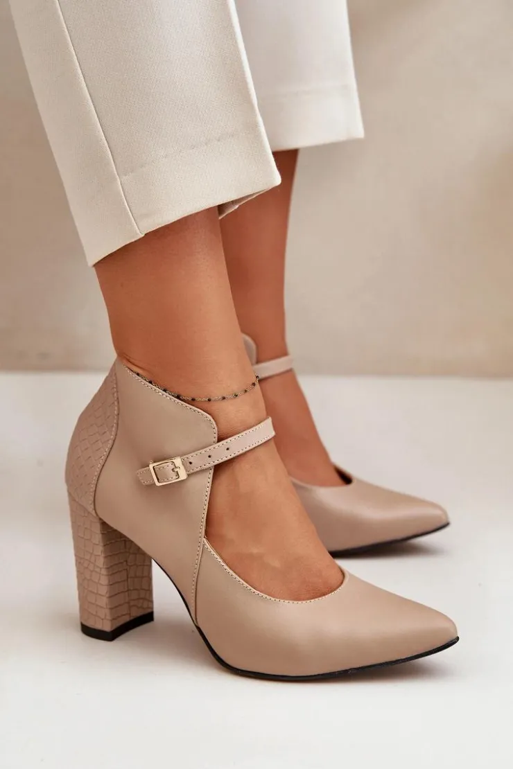 Outlet Laura Messi Skórzane Czółenka Z Noskami W Szpic Na Słupku Beżowe 2832