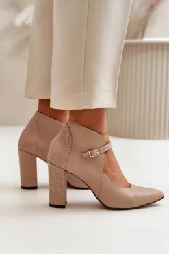 Outlet Laura Messi Skórzane Czółenka Z Noskami W Szpic Na Słupku Beżowe 2832