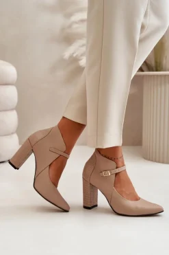 Outlet Laura Messi Skórzane Czółenka Z Noskami W Szpic Na Słupku Beżowe 2832