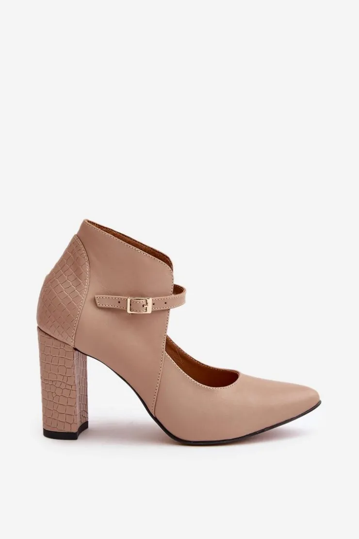 Outlet Laura Messi Skórzane Czółenka Z Noskami W Szpic Na Słupku Beżowe 2832