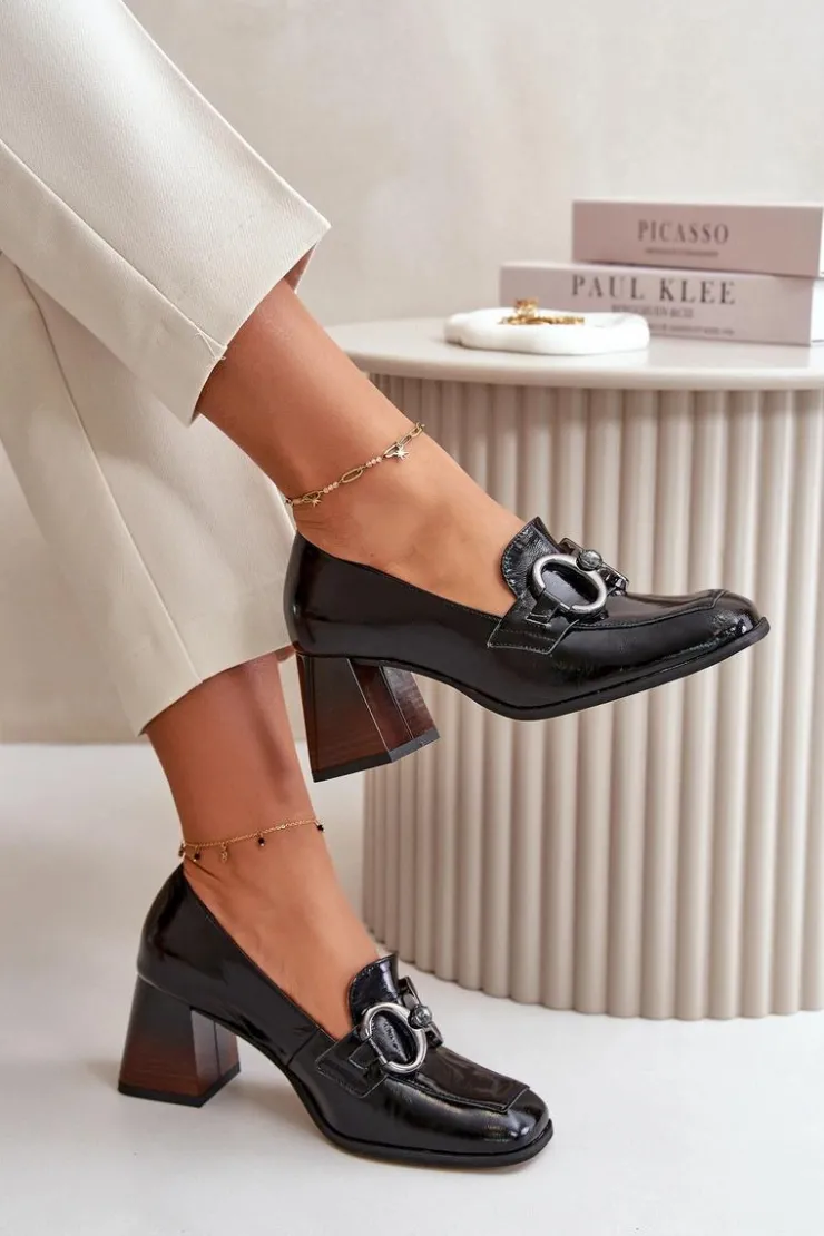 Laura Messi Czółenka Klasyczne*Skórzane Czółenka Z Ozdobą Czarne 2845