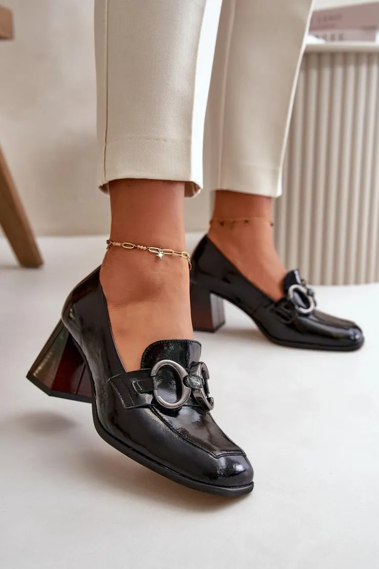 Laura Messi Czółenka Klasyczne*Skórzane Czółenka Z Ozdobą Czarne 2845