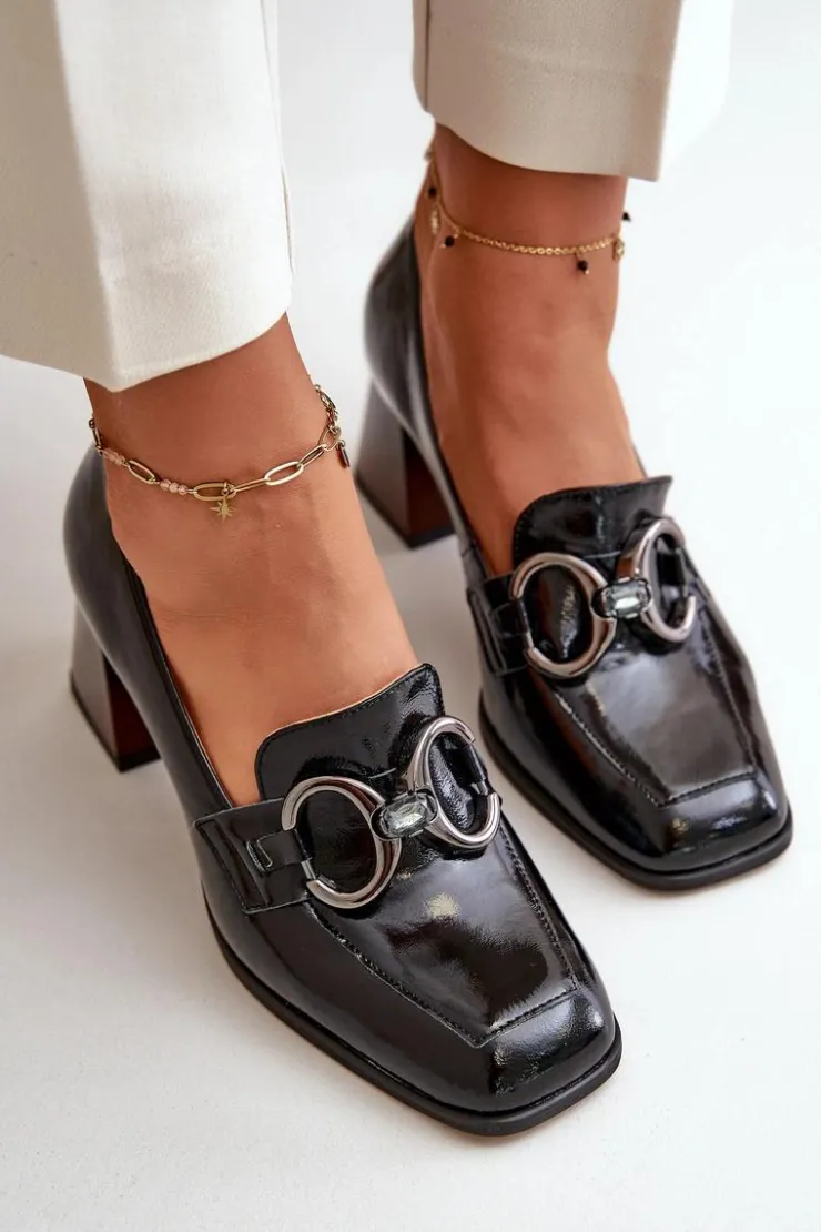 Laura Messi Czółenka Klasyczne*Skórzane Czółenka Z Ozdobą Czarne 2845