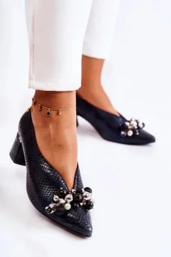 Hot Laura Messi Skórzane Czółenka Z Ozdobą 2487 Czarne