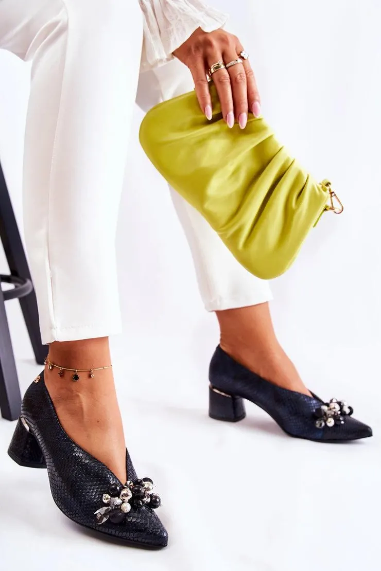 Hot Laura Messi Skórzane Czółenka Z Ozdobą 2487 Czarne