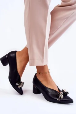 Laura Messi Czółenka Klasyczne*Skórzane Czółenka Z Ozdobą 2487 Granatowe