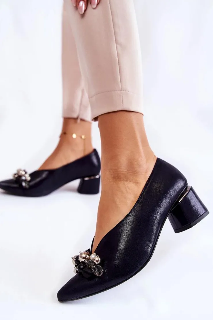 Laura Messi Czółenka Klasyczne*Skórzane Czółenka Z Ozdobą 2487 Granatowe