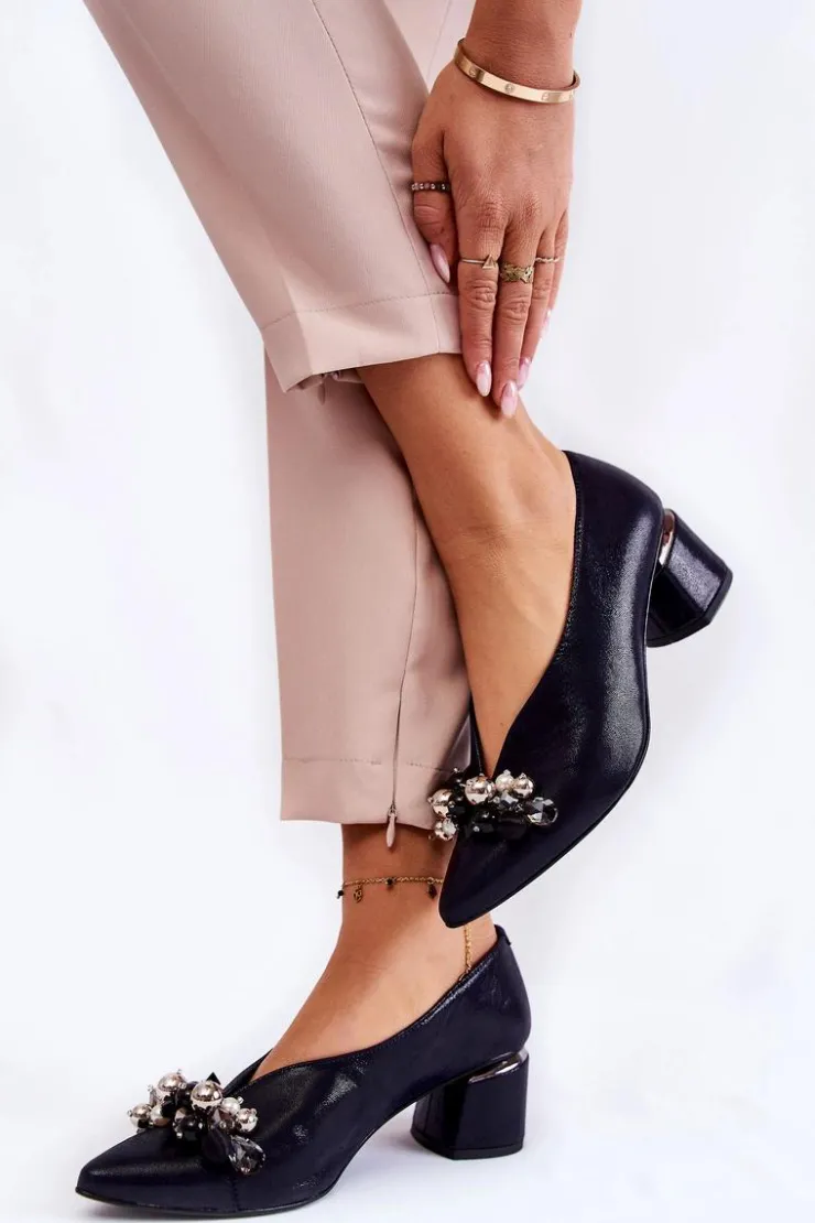 Laura Messi Czółenka Klasyczne*Skórzane Czółenka Z Ozdobą 2487 Granatowe