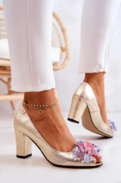 Damskie Boto Skórzane Czółenka Z Ozdobą Złote Dayane