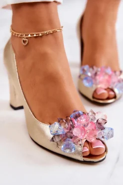 Damskie Boto Skórzane Czółenka Z Ozdobą Złote Dayane