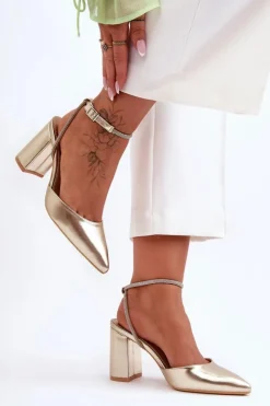 Sale Boto Skórzane Czółenka Z Ozdobnym Paseczkiem Złote Lirosa