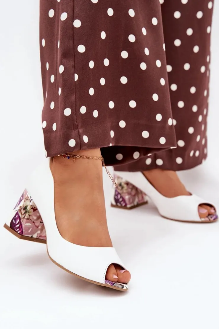 Boto Czółenka Na Słupku|Czółenka Klasyczne*Skórzane Czółenka Z Ozdobnym Obcasem Lewski Shoes 2608/K Białe Biały