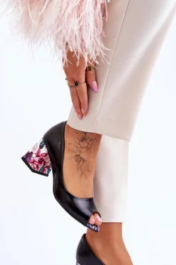 Damskie Boto Skórzane Czółenka Z Ozdobnym Obcasem Lewski Shoes 2608/K Czarne