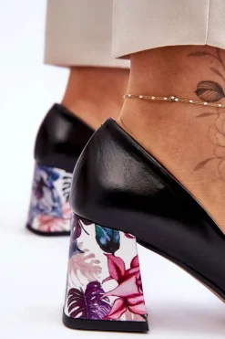 Damskie Boto Skórzane Czółenka Z Ozdobnym Obcasem Lewski Shoes 2608/K Czarne