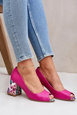 Damskie Boto Skórzane Czółenka Z Ozdobnym Obcasem Lewski Shoes 2608/K Fuksja