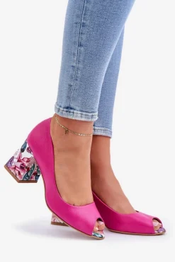 Damskie Boto Skórzane Czółenka Z Ozdobnym Obcasem Lewski Shoes 2608/K Fuksja