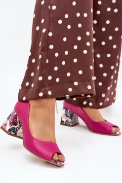 Clearance Boto Skórzane Czółenka Z Ozdobnym Obcasem Lewski Shoes 2608/K Fuksja Różowy