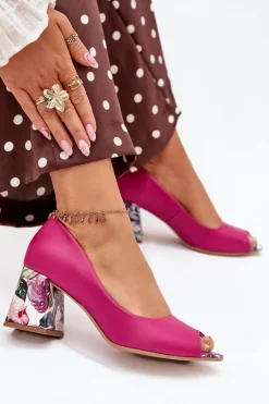 Clearance Boto Skórzane Czółenka Z Ozdobnym Obcasem Lewski Shoes 2608/K Fuksja Różowy