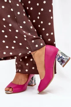 Clearance Boto Skórzane Czółenka Z Ozdobnym Obcasem Lewski Shoes 2608/K Fuksja Różowy