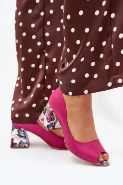 Clearance Boto Skórzane Czółenka Z Ozdobnym Obcasem Lewski Shoes 2608/K Fuksja Różowy