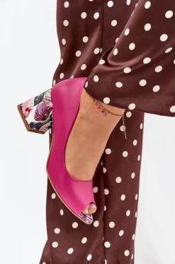 Clearance Boto Skórzane Czółenka Z Ozdobnym Obcasem Lewski Shoes 2608/K Fuksja Różowy