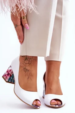 Boto Czółenka Na Słupku|Czółenka Klasyczne*Skórzane Czółenka Z Ozdobnym Obcasem Lewski Shoes 2608/K Biały Groch